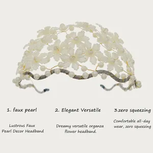 Close-up detail of a handmade faux pearl and acrylic flower headband for elegant parties