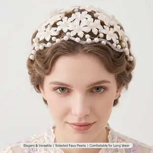 Elegant Acrylic Flower Artificial Pearl Headband Bridal Hair Accessory Handmade Gold Wire Floral Headpiece For Wedding Banquet Women