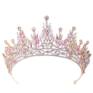 Elegant bridal tiara with sparkling iridescent marquise rhinestones on gold crown frame