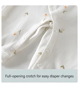 Detail of snap buttons on the crotch of a baby girl's floral cotton romper