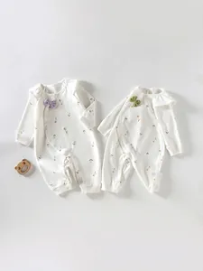 Baby Girls Floral Cotton Romper Long Sleeve Snap Pajamas With Bow Cute Infant Jumpsuit One Piece Sleeping Clothes Fall