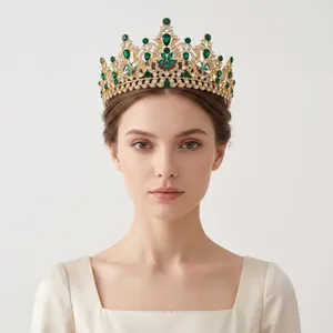 Elegantly designed gold alloy bridal crown featuring sparkling green and white rhinestones