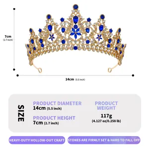 Size and weight details for luxurious alloy bridal crown with blue rhinestones
