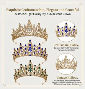 Close-up detail of vintage hollow alloy tiara crown featuring sparkling rhinestones