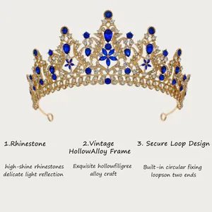 Detailed view of luxury bridal tiara with blue rhinestones and hollow alloy frame.
