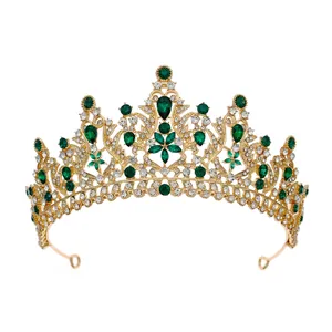Elegant gold alloy bridal crown with emerald green rhinestones for weddings and parties.