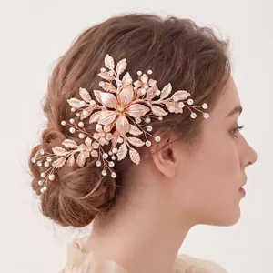 Fermaglio per Capelli da Sposa Fatto a Mano in Metallo Oro con Fiori e Foglie Künstliche Perle e Strass Elegante Accessorio per Matrimoni