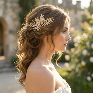 Elegante fermaglio per capelli a foglia d'oro fatto a mano con perle per acconciatura sposa