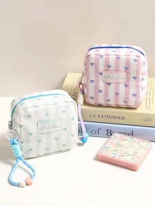 Mini Cosmetic Bag Quilted Heart Striped Travel Makeup Organizer Pouch With Braided Lanyard Portable Storage For Women