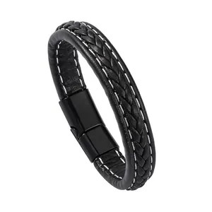 Bracelet en cuir tressé noir pour homme avec coutures blanches et fermoir métallique
