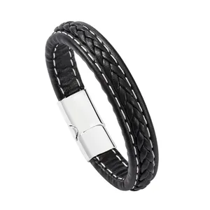 Bracelet en cuir tressé noir pour homme avec fermoir en métal argenté poli élégant
