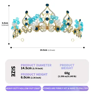 Detailed size and weight measurements for the vintage blue rhinestone and pearl tiara