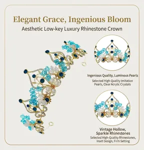 Detail view of a retro gold tiara featuring blue crystals and imitation pearls for women