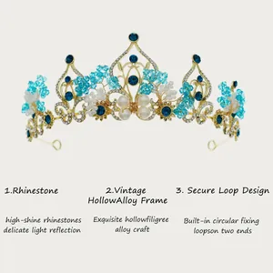 Detailed view of the vintage gold alloy crown featuring blue rhinestones and pearls