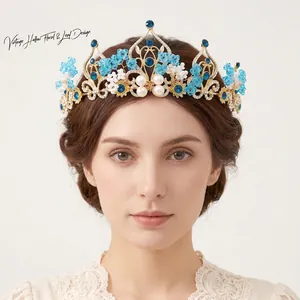 Vintage Gold Alloy Bridal Tiara With Blue Crystal Rhinestone And Artificial Pearl Handmade Luxury Wedding Crown Headpiece For Women