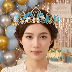 Elegant retro court-style tiara crown with pearls and blue rhinestones for women parties