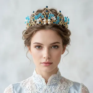 Elegant gold royal tiara with blue crystals and pearls shown on a professional model