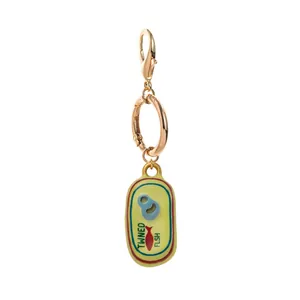 Detailed view of an enamel tinned fish bag charm with a gold-toned clasp for DIY.