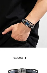 Detailweergave van een vintage gitaarkop lederen armband met blauwe druppelolieafwerking