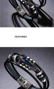 Gedetailleerd overzicht van retro gitaarkop leren armband met blauw emaille