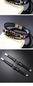 Close-up of vintage leather bracelets with guitar head design and stainless steel clasp