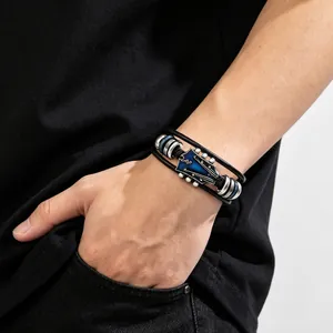 Vintage Men Woven Leather Bracelet Set Brown Multilayer Retro Cowhide Wood Beads Bracelet Adjustable Casual Fashion Jewelry