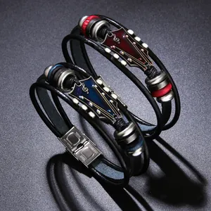 Vintage guitar head leather bracelets with enamel finish and stainless steel clasp