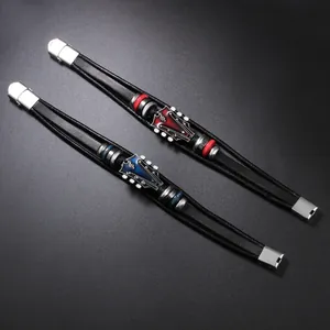 Vintage guitar head leather bracelet with enamel drip accents for men and women accessories