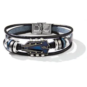 Retro guitar headstock braided genuine leather bracelet with stainless steel clasp