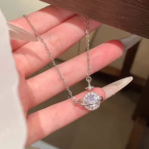 Elegant Korean style Saturn planet pendant necklace with sparkling zircon stones