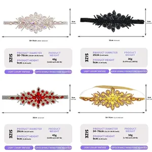 Detailed size and weight chart for rhinestone elastic headbands in multiple colors.