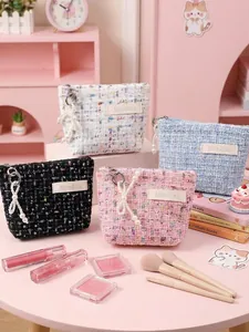 Trousse De Maquillage En Tweed Pochette Cosmétique Élégante Portable Mini Porte-monnaie Avec Pendentif Künstliche Perle Pour Femmes Filles