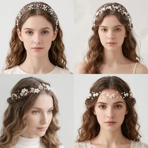Handmade forest style bridal headband with delicate pearls for wedding photography