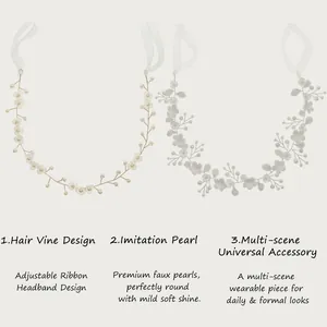 Detailed view of handmade floral hair vine with imitation pearls and ribbon ties