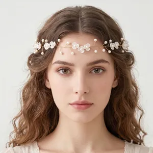 Bridal Hairband With Ceramic Flowers Imitation Artificial Pearl And Crystal Beads Ribbon Tie Handmade Wedding Headpiece