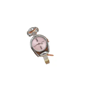Vintage women's button quartz watch with pink Roman numeral dial and silver steel band