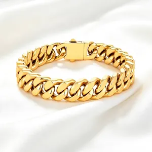 Bracelet Gourmette Acier Inoxydable Poli Hip Hop Style Miami Plaqué Or 18K Pour Hommes Femmes Bijoux