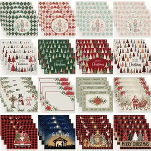 Collection of various Christmas themed cotton linen placemats in a 4x4 grid