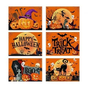 Set of 6 Halloween cotton linen placemats featuring orange pumpkin and witch designs