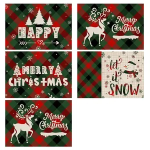 Christmas cotton linen placemats with red green plaid and festive reindeer snowmen prints