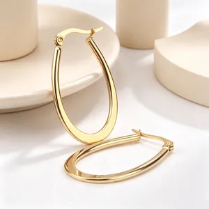Stainless Steel Hoop Earrings Gold Plated Oval U-Shape Geometric Minimalist Polished Antiallergic Jewelry For Women