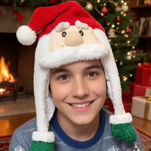 Festive plush Santa Claus trapper hat for Christmas with cozy fireplace background