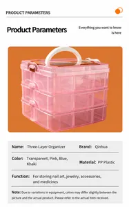 Detail view of small 3-tier 18-compartment portable organizer box with specifications