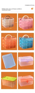 Detailed view of multi-color 3-layer 18-grid plastic storage boxes with handles.