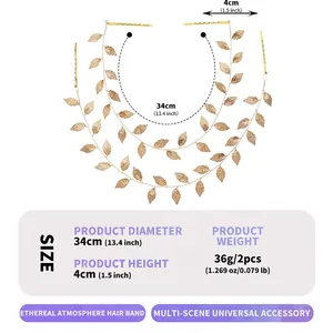 Detailed size chart for the gold leaf hair band showing diameter, height and weight