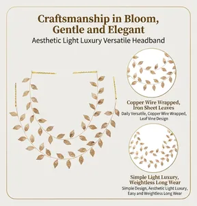 Detailed macro view of delicate golden metal leaves on a handmade vine hair band.