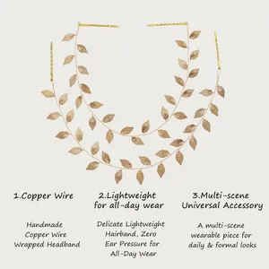 Handmade golden copper wire leaf headband detail showing delicate lightweight design