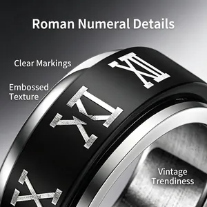 Détail rapproché d'une bague rotative noire en titane avec chiffres romains en relief