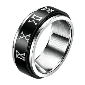 Bague rotative en acier inoxydable pour hommes avec chiffres romains sur bande noire