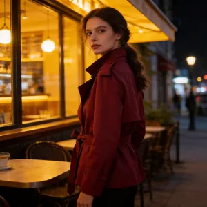 Imperméable Court pour Femmes Ceinturé Double Boutonnage Veste Élégant Revers Manches Longues Polyester Vêtements d'Automne Manteau Décontracté